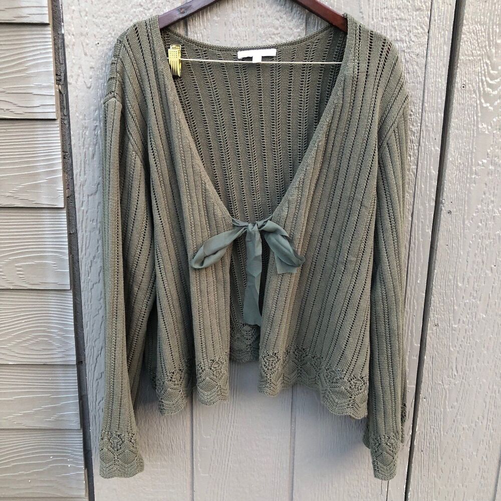 Women's Green Open Knit Tie Front Cardigan Sweater bohemian whimsical size 3X
